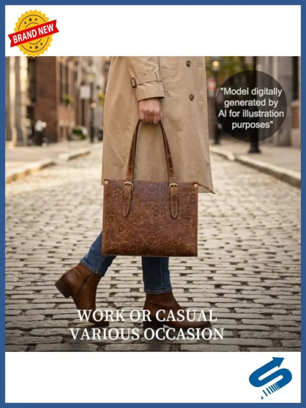 Genuine Full Grain Leather Tote Bag for Women Vintage Work Bag Floral Embossed